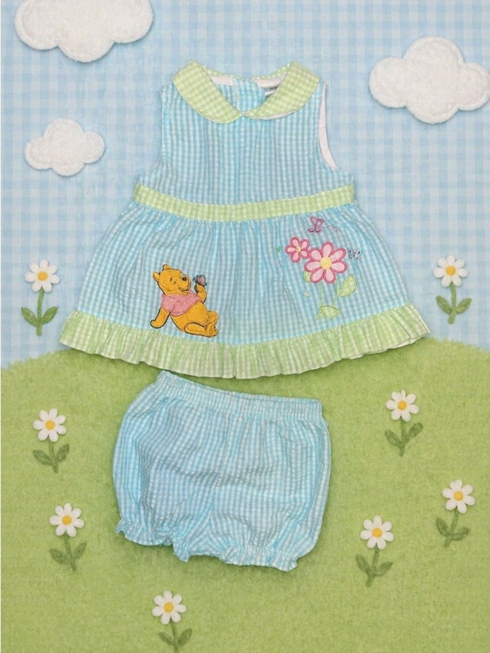 Winnie the Pooh Blue Gingham Baby Dress & Bloomers upcycle